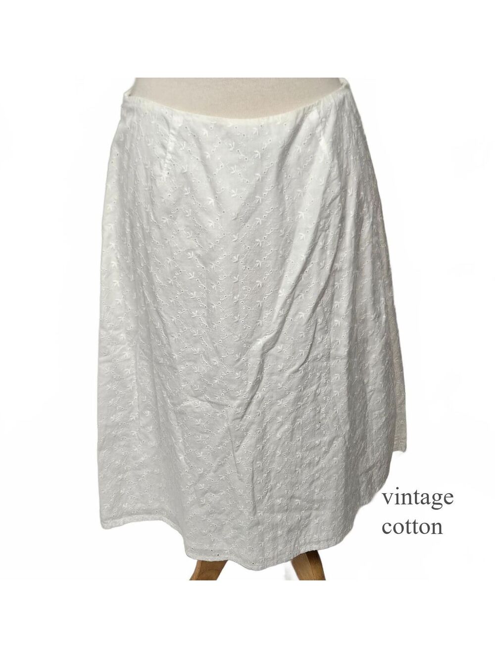 90s VTG White Cotton Eyelet Midi Skirt, sz 8 Kate Hill Casuals